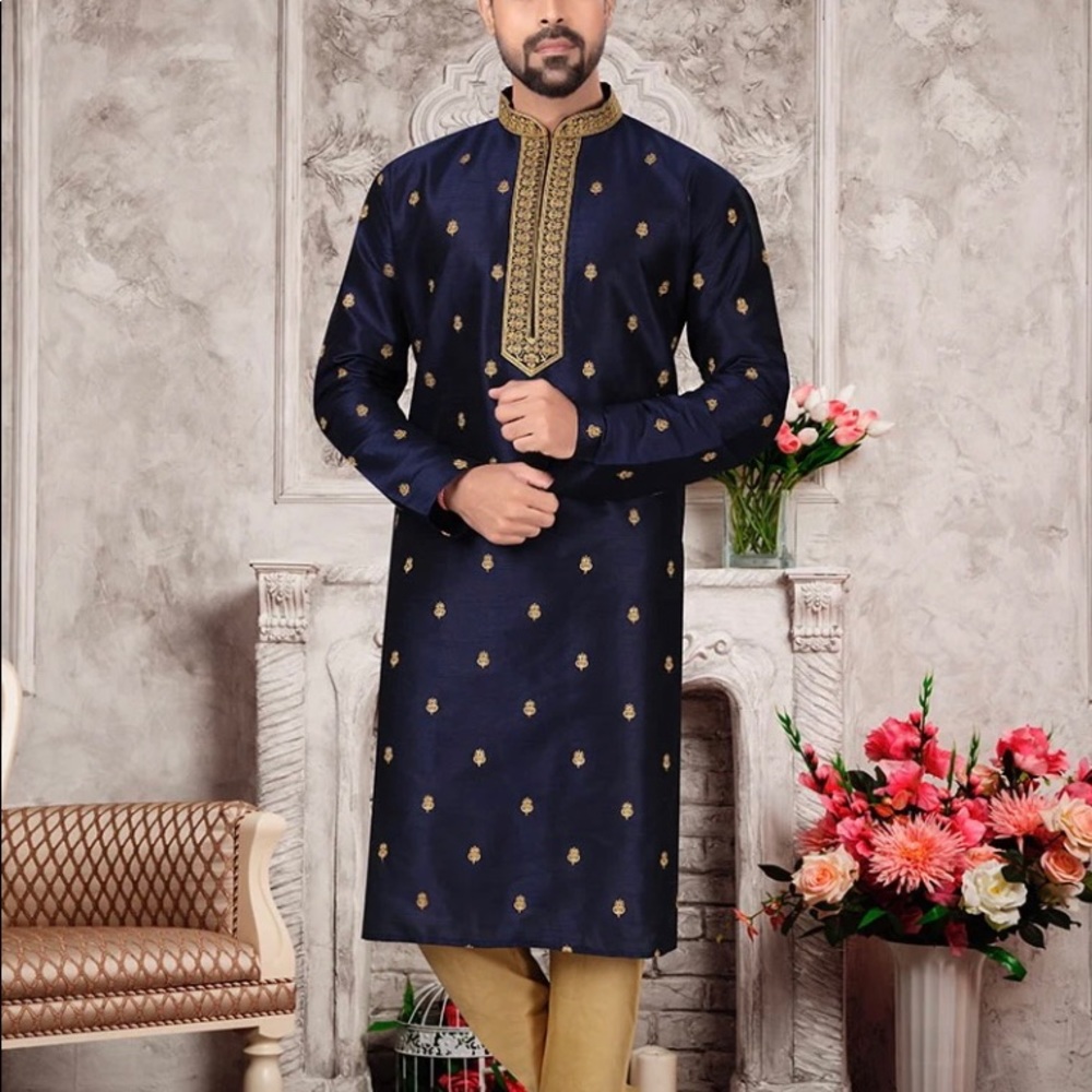 Navy Blue Silk Dupion Embroidery Kurta Pyjama